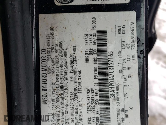 2012 Ford Fusion SEL with VIN 3FAHP0JA7CR127165, listed as a Copart auction lot 45728645 with 193,581 mi miles and Clean Title. Bid and sale history available at DreamBid. Image 12.