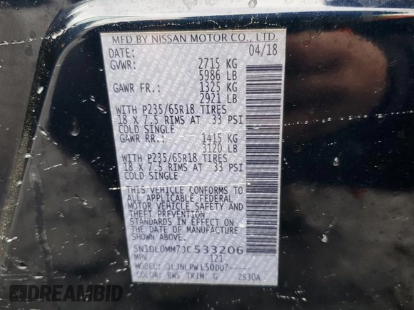 2018 Infiniti QX60 with VIN 5N1DL0MM7JC533206, listed as a Copart auction lot 54127205 with 140,469 mi miles and Clean Title. Bid and sale history available at carsss.com. Image 13.