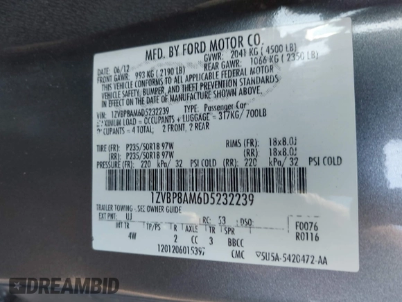2013 Ford Mustang V6 with VIN 1ZVBP8AM6D5232239, listed as a IAAI auction lot 42680307 with 149,661 mi miles and . Bid and sale history available at DreamBid. Image 9.