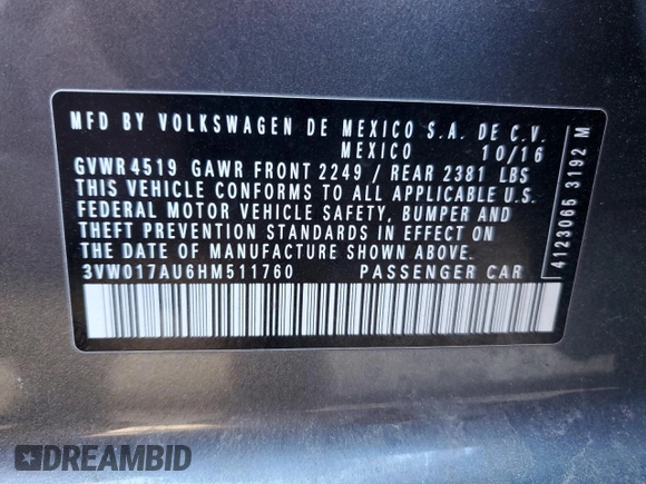 2017 Volkswagen Golf S z VIN 3VW017AU6HM511760, wystawiony jako Copart lot #88000015 z przebiegiem 153 035 mil mil oraz Szkoda całkowita • Salvage title. Historia ofert i sprzedaży dostępna na DreamBid. Obrazek 12.