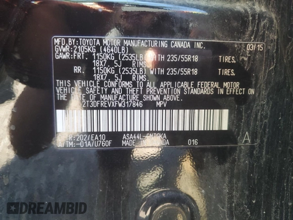 2015 Toyota RAV4 Limited with VIN 2T3DFREVXFW317846, listed as a Copart auction lot 62609405 with 262,083 mi miles and Clean title. Bid and sale history available at DreamBid. Image 13.
