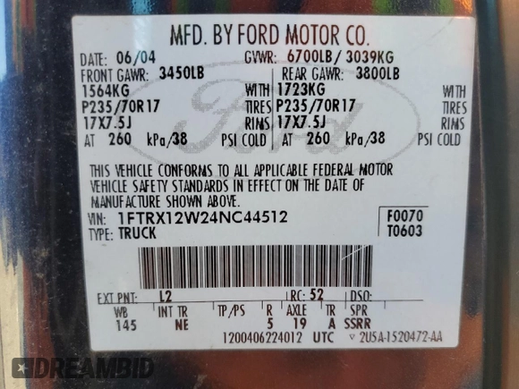 2004 Ford F-150 STX with VIN 1FTRX12W24NC44512, listed as a Copart auction lot 48059125 with 311,074 mi miles and Salvage Title. Bid and sale history available at carsss.com. Image 12.