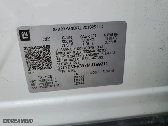 2021 Chevrolet Traverse LS with VIN 1GNEVFKW7MJ169211, listed as a Copart auction lot 43539175 with 104,534 mi miles and Salvage Title. Bid and sale history available at carsss.com. Image 14.