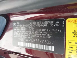 2007 BMW 3 Series 328i with VIN WBAWV13557P118052, listed as a IAAI auction lot 42642784 with 57,288 mi miles and . Bid and sale history available at DreamBid. Image 9.