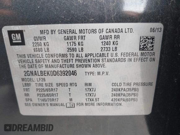 2013 Chevrolet Equinox LS z VIN 2GNALBEK0D6392046, wystawiony jako IAAI lot #42364950 z przebiegiem 148 821 mil mil oraz . Historia ofert i sprzedaży dostępna na DreamBid. Obrazek 9.