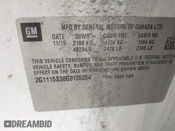 2016 Chevrolet Impala LT with VIN 2G1115S38G9135354, listed as a IAAI auction lot 42145093 with 146,846 mi miles and . Bid and sale history available at DreamBid. Image 9.