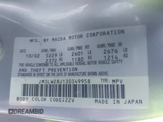 2003 Mazda MPV LX with VIN JM3LW28J130349958, listed as a IAAI auction lot 41692463 with 156,166 mi miles and . Bid and sale history available at carsss.com. Image 9.