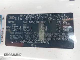 2012 Kia Sportage EX with VIN KNDPCCA29C7243499, listed as a IAAI auction lot 41922367 with 200,563 mi miles and . Bid and sale history available at DreamBid. Image 9.