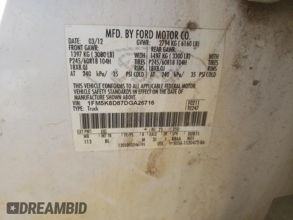 2013 Ford Explorer XLT z VIN 1FM5K8D87DGA26716, wystawiony jako Copart lot #51214045 z przebiegiem 238 248 mil mil oraz Szkoda całkowita • Salvage title. Historia ofert i sprzedaży dostępna na DreamBid. Obrazek 14.