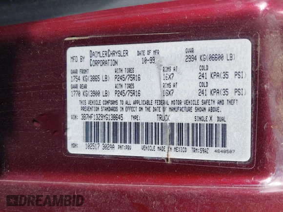 2000 Dodge 1500 z VIN 3B7HF13Z9YG138645, wystawiony jako IAAI lot #42298492 z przebiegiem 138 898 mil mil oraz . Historia ofert i sprzedaży dostępna na DreamBid. Obrazek 9.