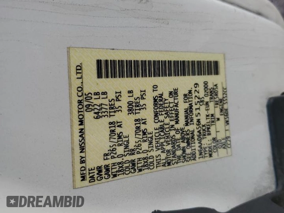 2006 Nissan Titan SE with VIN 1N6AA06A56N515229, listed as a Copart auction lot 59202405 with Not provided miles and Salvage title. Bid and sale history available at DreamBid. Image 12.