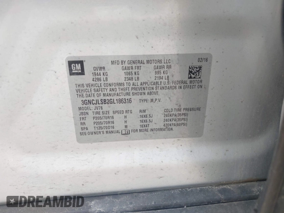 2016 Chevrolet Trax LT z VIN 3GNCJLSB2GL186316, wystawiony jako IAAI lot #42314928 z przebiegiem 133 507 mil mil oraz . Historia ofert i sprzedaży dostępna na DreamBid. Obrazek 9.