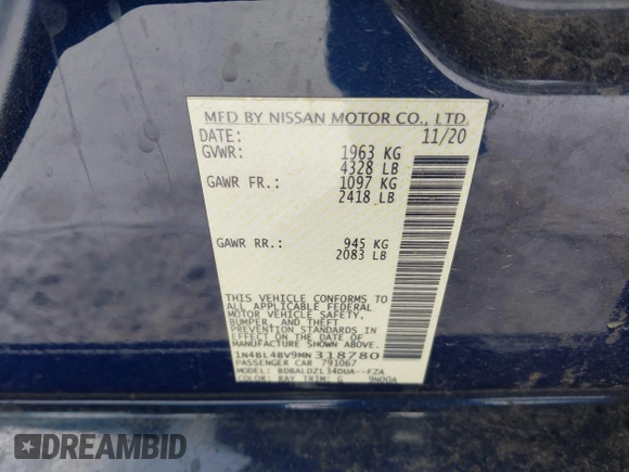 2021 Nissan Altima 2.5 S with VIN 1N4BL4BV9MN318780, listed as a IAAI auction lot 41329813 with 79,410 mi miles. Bid and sale history available at carsss.com. Image 9.
