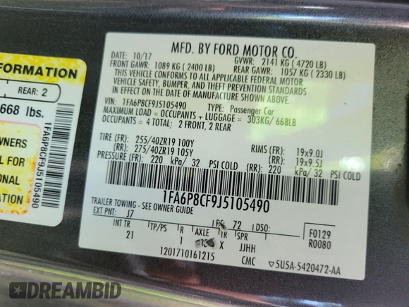 2018 Ford Mustang GT with VIN 1FA6P8CF9J5105490, listed as a IAAI auction lot 42284615 with 81,689 mi miles and . Bid and sale history available at DreamBid. Image 9.