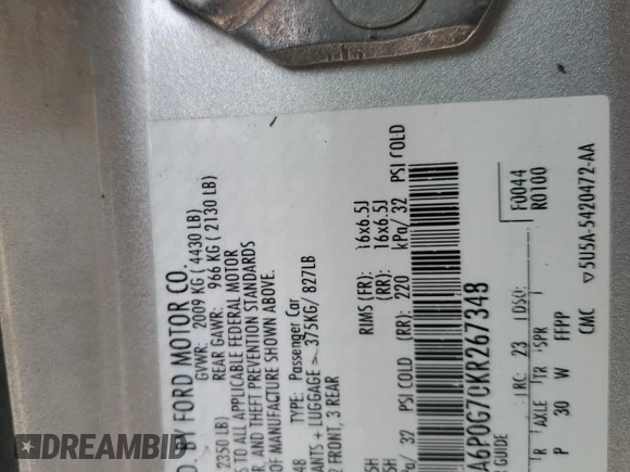 2019 Ford Fusion S with VIN 3FA6P0G70KR267348, listed as a Copart auction lot 50977645 with 83,507 mi miles and Salvage Title. Bid and sale history available at DreamBid. Image 14.