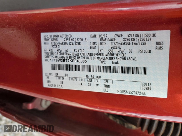 2019 Ford F-350 XL с VIN 1FT8W3BT2KEF40305, выставлен на аукционе Copart как лот 47238905 с пробегом 81 251 миль миль и Списание • Salvage title. История ставок и продаж доступна на DreamBid. Изображение 12.