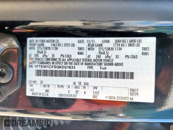 2016 Ford F-150 XL with VIN 1FTEW1CF5GKD21833, listed as a Copart auction lot 61985625 with 178,559 mi miles and Salvage title. Bid and sale history available at DreamBid. Image 12.