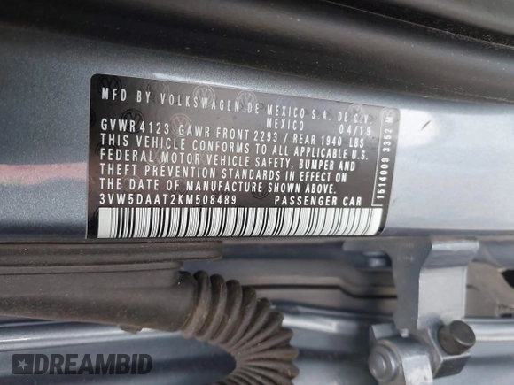 2019 Volkswagen Beetle S with VIN 3VW5DAAT2KM508489, listed as a IAAI auction lot 42539059 with Not provided miles and . Bid and sale history available at DreamBid. Image 9.