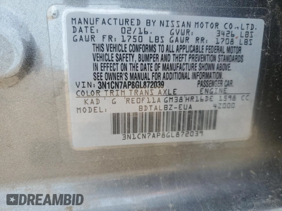 2016 Nissan Versa S with VIN 3N1CN7AP8GL872039, listed as a Copart auction lot 55897315 with Not provided miles and Salvage title. Bid and sale history available at DreamBid. Image 12.
