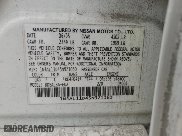 2005 Nissan Altima S with VIN 1N4AL11D45N921060, listed as a Copart auction lot 55649895 with 155,674 mi miles and Salvage title. Bid and sale history available at DreamBid. Image 13.