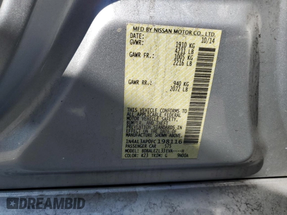 2015 Nissan Altima S with VIN 1N4AL3AP0FC198116, listed as a Copart auction lot 45061975 with 167,202 mi miles and Salvage Title. Bid and sale history available at DreamBid. Image 12.