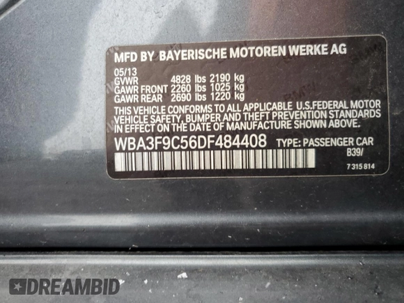 2013 BMW 3 Series ActiveHybrid 3 with VIN WBA3F9C56DF484408, listed as a Copart auction lot 85995924 with 108,357 mi miles and Salvage Title. Bid and sale history available at carsss.com. Image 14.