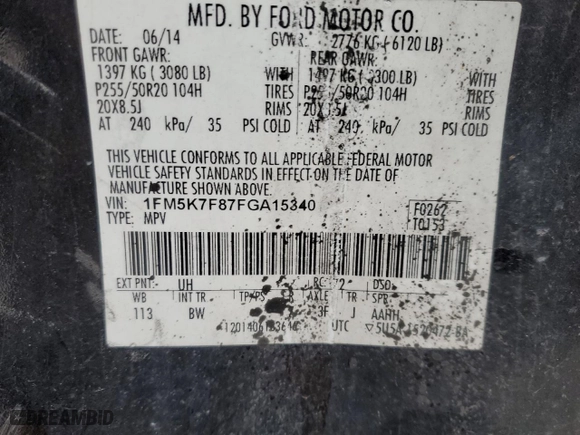 2015 Ford Explorer Limited with VIN 1FM5K7F87FGA15340, listed as a Copart auction lot 48040445 with 255,836 mi miles and Salvage Title. Bid and sale history available at carsss.com. Image 15.