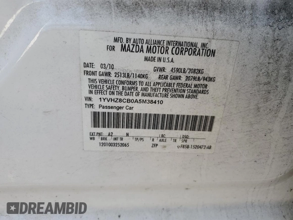 2010 Mazda 6 S Grand Touring with VIN 1YVHZ8CB0A5M38410, listed as a Copart auction lot 85482414 with 101,919 mi miles and Salvage Title. Bid and sale history available at DreamBid. Image 12.