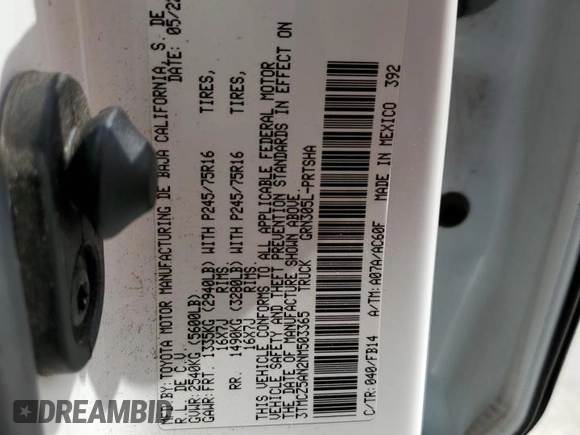 2022 Toyota Tacoma SR z VIN 3TMCZ5AN2NM503365, wystawiony jako Copart lot #56317265 z przebiegiem 37 804 mil mil oraz Szkoda całkowita • Salvage title. Historia ofert i sprzedaży dostępna na DreamBid. Obrazek 12.