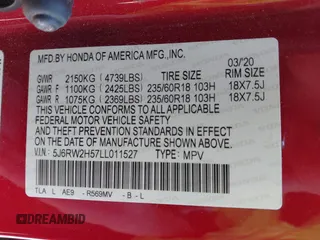 2020 Honda CR-V EX with VIN 5J6RW2H57LL011527, listed as a IAAI auction lot 41886326 with 84,959 mi miles. Bid and sale history available at carsss.com. Image 9.