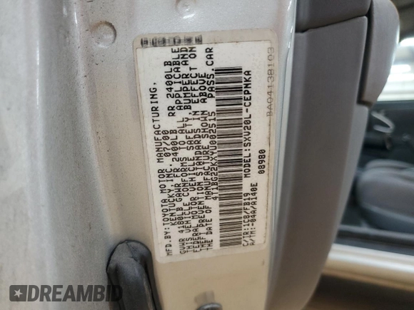 2000 Toyota Camry CE с VIN 4T1BG22KXYU002515, выставлен на аукционе Copart как лот 57896555 с пробегом 250 692 миль миль и Списание • Salvage title. История ставок и продаж доступна на DreamBid. Изображение 12.