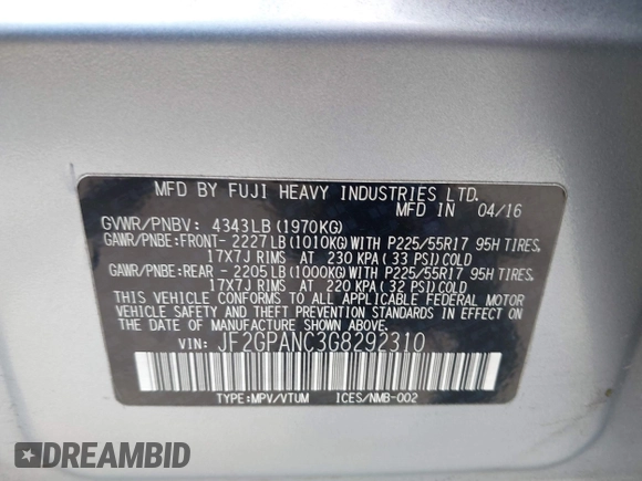 2016 Subaru Crosstrek Limited with VIN JF2GPANC3G8292310, listed as a IAAI auction lot 42427978 with 90,282 mi miles and . Bid and sale history available at DreamBid. Image 9.