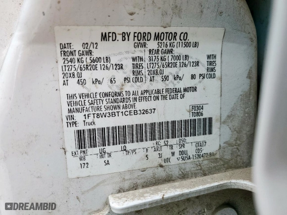 2012 Ford Super Duty F-350 SRW XL with VIN 1FT8W3BT1CEB32637, listed as a Copart auction lot 46122355 with 259,366 mi miles and Clean Title. Bid and sale history available at carsss.com. Image 12.
