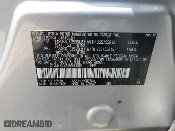 2016 Toyota RAV4 SE with VIN 2T3JFREV4GW531364, listed as a Copart auction lot 60031585 with 147,741 mi miles and Salvage title. Bid and sale history available at DreamBid. Image 13.