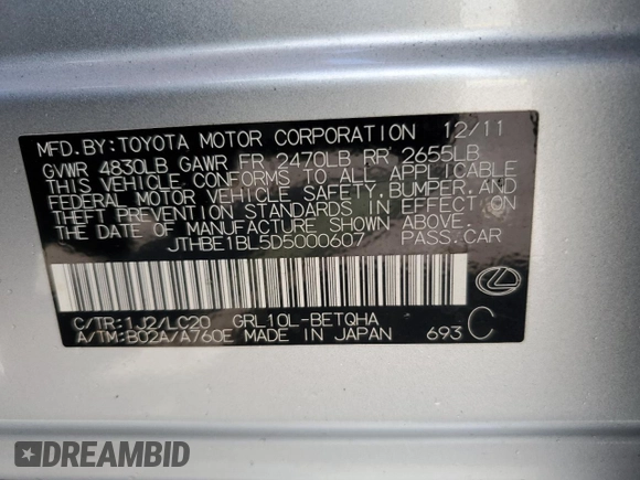 2013 Lexus GS 350 with VIN JTHBE1BL5D5000607, listed as a Copart auction lot 55643495 with 125,763 mi miles and Salvage title. Bid and sale history available at DreamBid. Image 12.