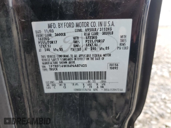 2004 Ford F-150 XL with VIN 1FTRF14WX4NA87425, listed as a Copart auction lot 59962415 with 123,301 mi miles and Clean title. Bid and sale history available at DreamBid. Image 12.