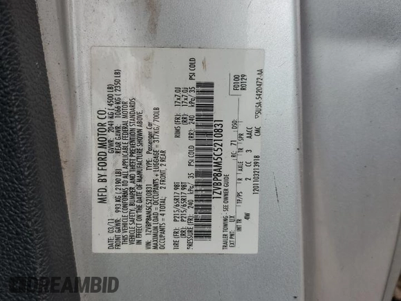 2012 Ford Mustang Premium with VIN 1ZVBP8AM5C5210831, listed as a Copart auction lot 58858065 with 196,564 mi miles and Salvage title. Bid and sale history available at DreamBid. Image 12.