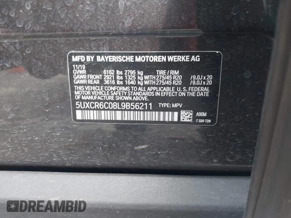2020 BMW X5 xDrive40i with VIN 5UXCR6C08L9B56211, listed as a IAAI auction lot 41967486 with 51,973 mi miles. Bid and sale history available at carsss.com. Image 9.
