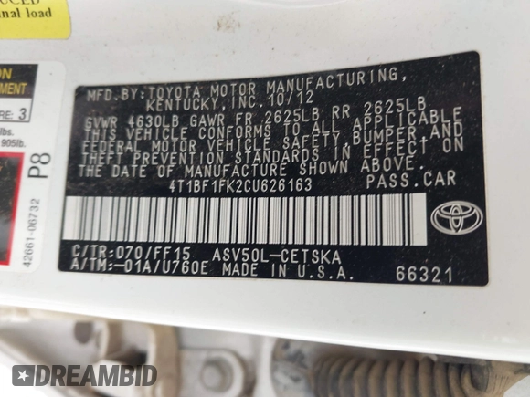 2012 Toyota Camry L with VIN 4T1BF1FK2CU626163, listed as a IAAI auction lot 42007258 with 124,426 mi miles and . Bid and sale history available at DreamBid. Image 9.