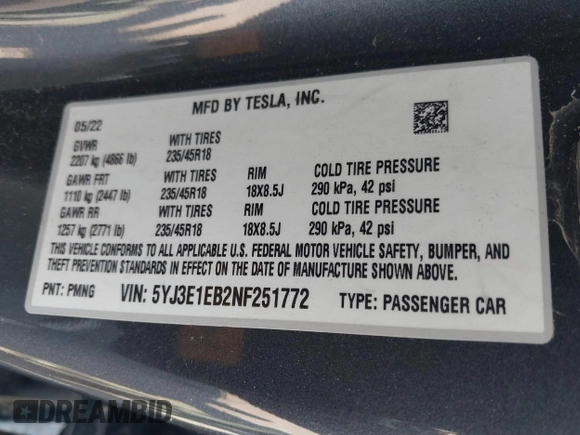 2022 Tesla Model 3 Long Range z VIN 5YJ3E1EB2NF251772, wystawiony jako IAAI lot #41773684 z przebiegiem 28 500 mil mil oraz . Historia ofert i sprzedaży dostępna na DreamBid. Obrazek 9.