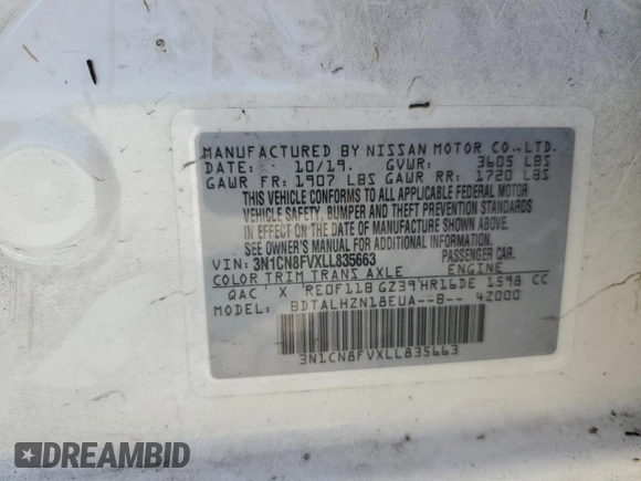 2020 Nissan Versa SR z VIN 3N1CN8FVXLL835663, wystawiony jako Copart lot #54312375 z przebiegiem 124 171 mil mil oraz Szkoda całkowita • Salvage title. Historia ofert i sprzedaży dostępna na DreamBid. Obrazek 12.