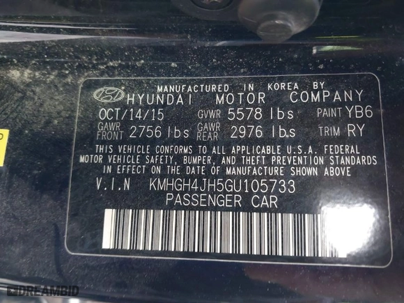 2016 Hyundai Equus Ultimate with VIN KMHGH4JH5GU105733, listed as a IAAI auction lot 41441606 with NaN miles. Bid and sale history available at carsss.com. Image 9.