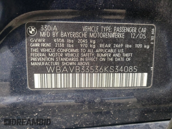 2006 BMW 3 Series 330i with VIN WBAVB33536KS34085, listed as a Copart auction lot 71541384 with 212,508 mi miles and Salvage Title. Bid and sale history available at DreamBid. Image 12.