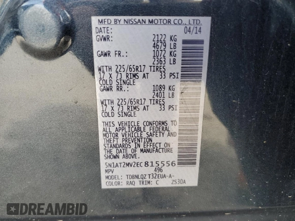 2014 Nissan Rogue SL with VIN 5N1AT2MV2EC815556, listed as a Copart auction lot 52730965 with 97,000 mi miles and Salvage Title. Bid and sale history available at carsss.com. Image 14.