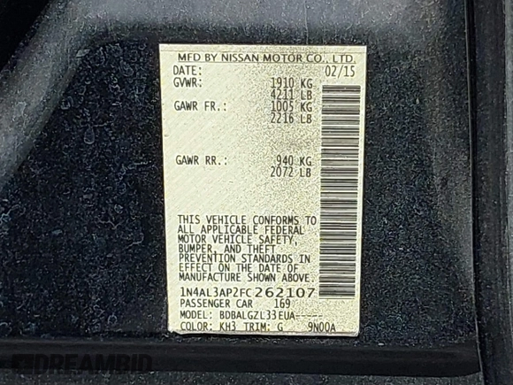 2015 Nissan Altima SV with VIN 1N4AL3AP2FC262107, listed as a IAAI auction lot 41776063 with 102,313 mi miles and . Bid and sale history available at DreamBid. Image 9.
