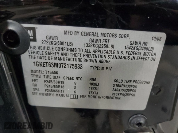 2007 GMC Envoy Denali z VIN 1GKET63M072175933, wystawiony jako Copart lot #53562465 z przebiegiem 225 694 mil mil oraz Szkoda całkowita • Salvage title. Historia ofert i sprzedaży dostępna na DreamBid. Obrazek 13.