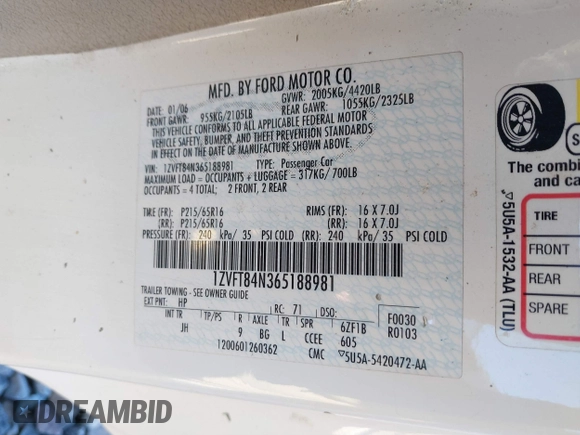 2006 Ford Mustang Standard z VIN 1ZVFT84N365188981, wystawiony jako IAAI lot #41144444 z przebiegiem 138 311 mil mil oraz . Historia ofert i sprzedaży dostępna na DreamBid. Obrazek 9.
