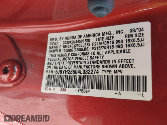 2004 Honda Element EX with VIN 5J6YH28504L032274, listed as a IAAI auction lot 42218340 with 151,210 mi miles and . Bid and sale history available at DreamBid. Image 9.