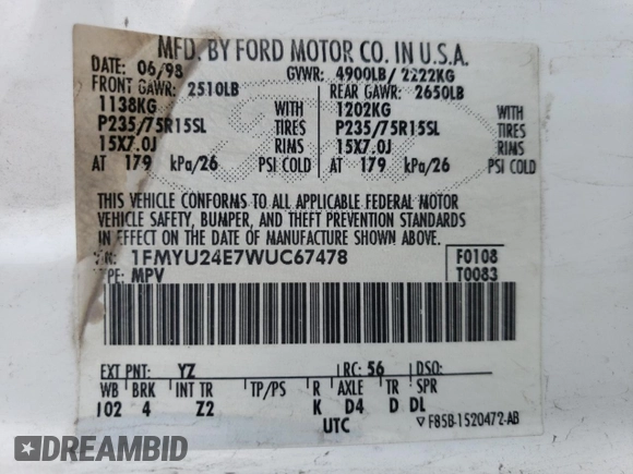 1998 Ford Explorer Sport z VIN 1FMYU24E7WUC67478, wystawiony jako Copart lot #74625604 z przebiegiem 239 888 mil mil oraz Szkoda całkowita • Salvage title. Historia ofert i sprzedaży dostępna na DreamBid. Obrazek 13.