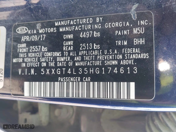 2017 Kia Optima LX with VIN 5XXGT4L35HG174613, listed as a IAAI auction lot 42097790 with 243,335 mi miles. Bid and sale history available at carsss.com. Image 9.